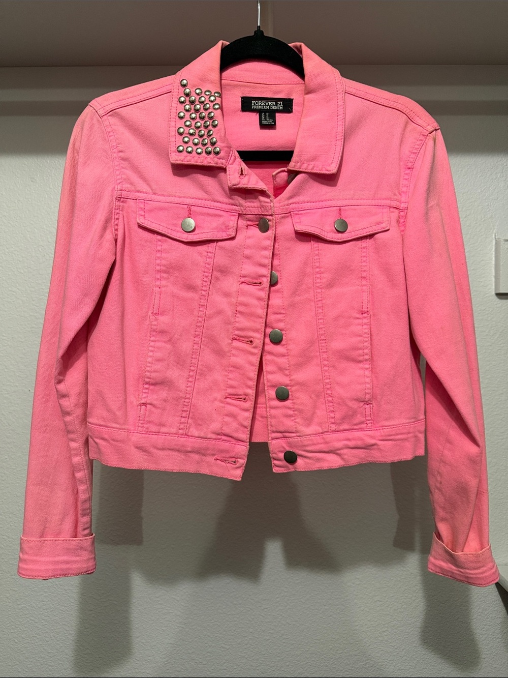Forever 21 Premium Denim Hot Pink Studded Collar Denim Jacket XS